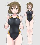  1girl :d absurdres alternate_costume artist_name ass_visible_through_thighs bangs bare_legs barefoot black_one-piece_swimsuit blunt_ends blush bob_cut border breasts brown_eyes brown_hair clenched_hands collarbone commentary_request competition_swimsuit covered_navel cowboy_shot full_body grey_background hair_between_eyes hands_up highres hiryuu_(kancolle) kantai_collection large_breasts legs looking_at_viewer noruren one-piece_swimsuit one_side_up open_mouth orange_one-piece_swimsuit outside_border short_hair signature simple_background smile solo standing straight-on swimsuit thighs toes two-tone_swimsuit zoom_layer 