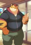  2022 absurd_res anthro ayame42612 bottomwear bulge clothing detailed_background eyes_closed felid hi_res hoodie humanoid_hands kemono male mammal outside overweight overweight_male pantherine pants solo tiger topwear 