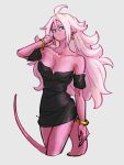  1girl ahoge alternate_costume android_21 bare_shoulders black_dress blue_eyes bracelet breasts cleavage collarbone colored_skin cropped_legs dragon_ball dragon_ball_fighterz dress earrings grey_background hair_between_eyes hand_up jewelry kemachiku long_hair looking_at_viewer majin_android_21 pink_skin pointy_ears simple_background solo standing tail white_hair 