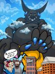  absurd_res anthro anubian_jackal awoogasm belly big_belly black_body blue_horn building bulge canid canine canis clothing cloud deity detailed_bulge digital_media_(artwork) ebony_(awoogasm) egyptian_mythology english_text fur group hair hi_res horn jackal looming macro male mammal middle_eastern_mythology mythology overweight overweight_male red_body red_fur sky smile text vox_(awoogasm) wolf yellow_eyes 