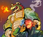  bodily_fluids bowser breath_powers duo elemental_manipulation facial_hair fire fire_breathing fire_manipulation horn human laskapsy luigi male male/male mammal mario_bros mustache nervous nintendo size_difference sweat video_games 