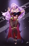  1girl against_glass alternate_costume bangs bare_shoulders bracelet breast_press breasts breasts_on_glass bridal_gauntlets bridal_legwear camilla_(fire_emblem) cleavage cosplay dancer dorothea_arnault dorothea_arnault_(cosplay) feet fire_emblem fire_emblem_fates fire_emblem_heroes glass hair_over_one_eye hand_on_glass highres jaxdrawz jewelry large_breasts lips long_hair looking_at_viewer navel pantyhose pelvic_curtain purple_eyes purple_hair simple_background solo thighs very_long_hair wavy_hair wide_hips 