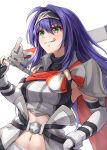  1girl :q bangs black_hairband breasts commentary_request elbow_gloves fire_emblem fire_emblem:_radiant_dawn fire_emblem_heroes gloves green_eyes hairband holding holding_sword holding_weapon long_hair medium_breasts mia_(fire_emblem) navel official_alternate_costume over_shoulder purple_hair smile solo sword ten_(tenchan_man) tongue tongue_out upper_body very_long_hair weapon weapon_over_shoulder 