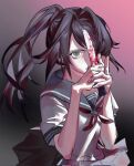  1girl ayano_aishi black_hair black_skirt blood blood_on_knife crosma666 holding holding_knife knife looking_at_viewer ponytail school_uniform skirt solo upper_body yandere_simulator 