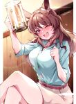  1girl ;d animal_ears arm_up bangs beer_mug belt belt_buckle blue_shirt breasts brown_hair brown_skirt buckle crossed_legs cup feet_out_of_frame hair_between_eyes highres holding holding_cup horse_ears jewelry light_hello_(umamusume) long_hair looking_at_viewer medium_breasts misoni_(mi_so_ni_t) mug one_eye_closed pendant purple_eyes red_belt shirt short_sleeves skirt smile solo umamusume 