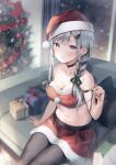  1girl black_pantyhose blurry blurry_background bow box braid breasts christmas christmas_ornaments christmas_tree cleavage closed_mouth commentary_request depth_of_field gift gift_box green_bow grey_eyes grey_hair groin hair_bow hat indoors long_hair looking_at_viewer medium_breasts midorikawa_you navel night on_chair original pantyhose red_headwear red_skirt santa_costume santa_hat single_braid sitting skirt smile solo star_(symbol) striped striped_bow 