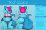  absurd_res anthro belly big_belly big_breasts big_butt blue_body bottomwear breasts breasts_squish butt canid canine canis clothing female foxball fur hair half-closed_eyes hi_res huge_butt joly_(kitty_pride) kitty_pride looking_at_viewer lying mammal model_sheet narrowed_eyes navel nude on_back rear_view red_hair simple_background smile standing text thick_thighs topwear video_games wide_hips wolf 