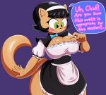  accessory anthro big_breasts black_hair black_nose blush bottomless bow_tie breasts brown_body brown_fur cleavage clothed clothing dialogue domestic_cat dress felid feline felis female fur green_eyes hair hair_accessory hairband hi_res kitty_katswell maid_uniform mammal mechspazer nickelodeon open_mouth simple_background solo speech_bubble standing t.u.f.f._puppy uniform 