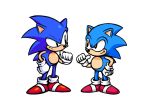  2021 anthro blue_body classic_sonic classic_sonic_(universe) clothing duo eulipotyphlan eye_contact footwear gesture gloves guywiththepie handwear hedgehog looking_at_another male mammal pointing pointing_at_self red_clothing red_footwear red_shoes sega shoes simple_background sonic_the_hedgehog sonic_the_hedgehog_(series) white_background white_clothing white_gloves white_handwear 