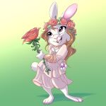  2022 anthro barefoot buckteeth clothed clothing digital_media_(artwork) feet female flower flower_crown fully_clothed fur gradient_background hi_res holding_flower holding_object lagomorph leporid mammal open_mouth open_smile plant rabbit ribbontini signature simple_background smile solo standing teeth white_body white_fur 