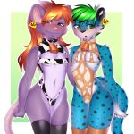  animal_print anthro blue_body blue_fur blush bulge cheetah clothed clothing cow_print cowbell crossdressing ear_tag felid feline fur girly green_eyes green_hair hair hi_res jamie_knox_(jamiekaboom) kawa_(kawaiichita) latex legwear male mammal mouse murid murine purple_body purple_fur red_hair rodent thigh_highs 