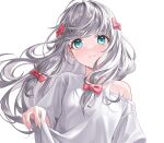  1girl absurdres bangs bow breasts closed_mouth clothes_lift eromanga_sensei green_eyes grey_hair hair_bow highres izumi_sagiri lips long_hair looking_at_viewer low-tied_long_hair myless off_shoulder oversized_clothes oversized_shirt pink_bow shirt shirt_lift simple_background small_breasts solo upper_body white_background white_shirt 