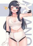  1girl agano_(kancolle) alternate_costume bikini black_hair breasts character_name collarbone cowboy_shot gloves green_eyes highres kantai_collection kozu_(bloomme1_me) large_breasts long_hair navel solo standing star_(symbol) swimsuit white_bikini white_gloves 