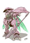  assault_visor company_connection darilbalde from_side full_body gatakk gundam gundam_suisei_no_majo highres holding holding_polearm holding_weapon insect_wings lance mecha no_humans parody polearm robot seisenshi_dunbine shadow signature solo style_parody weapon white_background wings 