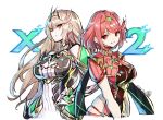  2girls bangs blonde_hair breasts chest_jewel cleavage cleavage_cutout clothing_cutout dress large_breasts long_hair multiple_girls mythra_(xenoblade) official_art pyra_(xenoblade) red_eyes red_hair saitou_masatsugu short_dress short_hair swept_bangs very_long_hair white_dress xenoblade_chronicles_(series) xenoblade_chronicles_2 yellow_eyes 