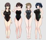  4girls :d :o absurdres akagi_(kancolle) alternate_costume arm_behind_back armpits arms_at_sides ass_visible_through_thighs back_cutout bangs barefoot black_hair black_one-piece_swimsuit blue_eyes blue_hair blunt_ends blush bob_cut breasts brown_eyes brown_hair clenched_hands closed_mouth clothing_cutout competition_swimsuit covered_navel cross-body_stretch full_body grey_background groin hair_between_eyes hair_ribbon hair_tie hand_up hands_up highleg highleg_swimsuit highres hiryuu_(kancolle) kaga_(kancolle) kantai_collection large_breasts legs long_hair medium_hair multiple_girls noruren one-piece_swimsuit one_side_up open_mouth parted_bangs parted_lips ribbon short_hair short_twintails side_ponytail sidelocks simple_background smile souryuu_(kancolle) standing straight-on straight_hair stretching swimsuit twintails white_ribbon yellow_eyes 