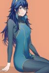  1girl ameno_(a_meno0) bangs black_sweater blue_eyes blue_hair closed_mouth commentary_request fire_emblem fire_emblem_awakening hair_between_eyes jewelry lips long_hair long_sleeves looking_at_viewer lucina_(fire_emblem) orange_background pink_lips ribbed_sweater simple_background sitting smile solo sweater thighs tiara turtleneck turtleneck_sweater 