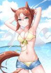  1girl absurdres animal_ears armpits arms_behind_head arms_up bangs bare_shoulders bikini blue_sky blush breasts brown_hair cleavage closed_mouth cloud clover_hair_ornament collarbone commentary cowboy_shot day denim denim_shorts fine_motion_(umamusume) front-tie_bikini_top front-tie_top green_eyes hair_between_eyes hair_bun hair_ornament hair_ribbon highres horse_ears horse_girl horse_tail jacket jacket_removed looking_at_viewer medium_breasts multicolored_hair navel ocean open_fly outdoors radoremo ribbon see-through see-through_jacket short_shorts shorts sidelocks single_hair_bun sky smile solo standing stomach swimsuit tail two-tone_hair umamusume white_hair yellow_bikini 
