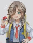  1boy aged_down arven_(pokemon) backpack bag bangs belt blue_vest brown_hair collared_shirt commentary_request green_eyes grey_background hair_over_one_eye hand_on_hip hand_up highres holding holding_poke_ball long_hair male_focus minto_(user_radg7823) necktie notice_lines open_clothes open_vest orange_necktie poke_ball poke_ball_(basic) pokemon pokemon_(game) pokemon_sv shirt solo upper_body vest yellow_bag 