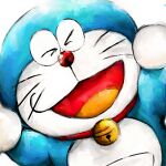  1:1 2018 anthro bell blue_body blue_fur collar domestic_cat doraemon doraemon_(character) eyes_closed felid feline felis front_view fur machine male mammal mt_tg open_mouth pouch_(anatomy) raised_arms red_collar red_nose robot shaded simple_background solo standing tongue whiskers white_background white_body white_fur 