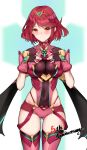  1girl bangs black_gloves breasts chest_jewel circlet covered_navel fingerless_gloves gloves hands_on_own_chest highres hip_vent large_breasts looking_at_viewer matrix16 orange_eyes pyra_(xenoblade) red_hair short_hair skindentation smile solo thigh_gap thighs xenoblade_chronicles_(series) xenoblade_chronicles_2 