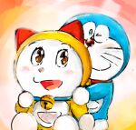  2018 anthro bell blue_body blue_collar blue_fur collar domestic_cat doraemon doraemon_(character) dorami duo embrace felid feline felis female fur hug hugging_from_behind looking_at_another looking_at_viewer machine male mammal mouth_closed mt_tg open_mouth pouch_(anatomy) red_collar red_nose robot shaded sitting standing whiskers white_body white_fur 