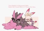  2019 ambiguous_gender duo english_text female generation_4_pokemon generation_8_pokemon hi_res honey_(masayo) interspecies karen_(masayo) larger_female lopunny male male/female masayo meme nintendo pokemon pokemon_(species) scorbunny shiny_pokemon size_difference smaller_male text tiny_rabbit_is_obsessed_with_giant_girlfriend video_games 