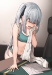  1girl black_ribbon bra breasts closed_eyes clothed_masturbation crotch_rub desk driftkingtw female_masturbation green_bra green_panties grey_hair hair_ribbon holding holding_clothes holding_shirt kantai_collection kasumi_(kancolle) long_hair masturbation masturbation_through_clothes navel open_mouth panties pussy_juice ribbon shirt side_ponytail small_breasts smelling smelling_clothes solo table_sex training_bra trembling underwear underwear_only 