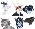  ambiguous_gender anthro antlers black_antlers black_body black_clothing black_fur black_hair black_topwear blackscour blue_eyes brown_hair brown_nose bust_portrait canid cervid cheek_tuft chest_tuft clothing collar ear_piercing ear_ring ears_back facial_tuft fangs felid feral front_view fur grey_body grey_fur grey_hair hair headshot_portrait horn looking_at_viewer male mammal piercing pink_inner_ear pink_nose pivoted_ears portrait purple_collar red_tongue ring_piercing side_view simple_background sketch_page solo species_request spots spotted_body spotted_fur spotted_neck tan_antlers tan_body tan_fur three-quarter_view tongue tongue_out topwear tuft white_background white_body white_fur yellow_collar yellow_eyes 