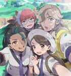  1boy 3girls 999ochan arven_(pokemon) backpack bag blue_hair blush braid breast_pocket bright_pupils brown_bag brown_eyes brown_hair commentary_request day eyelashes falling_leaves freckles glasses grass green_hair grey_eyes hand_up juliana_(pokemon) leaf multicolored_hair multiple_girls necktie nemona_(pokemon) outdoors penny_(pokemon) pocket pokemon pokemon_(game) pokemon_sv ponytail purple_necktie red_hair round_eyewear selfie shirt short_hair short_sleeves sweatdrop two-tone_hair vest white_pupils yellow_vest 