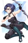  1girl arrow_(projectile) bare_arms bare_shoulders black_choker black_gloves black_pants black_shirt blue_footwear blue_hair boots bow_(weapon) breasts choker cleavage commentary fire_emblem fire_emblem:_three_houses gloves hair_between_eyes high_heel_boots high_heels highres holding holding_bow_(weapon) holding_weapon large_breasts leggings pants purple_eyes quiver shamir_nevrand shirt short_hair sirknightbot solo weapon 