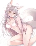  1girl animal_ear_fluff animal_ears bangs bed_sheet between_legs bow bow_bra bra breasts cleavage closed_mouth collarbone commentary_request drawstring feet_out_of_frame fox_ears fox_girl fox_tail grey_hair hair_between_eyes hand_between_legs hand_up heart highres hood hood_down hooded_jacket jacket long_sleeves lying medium_breasts navel on_side open_clothes open_jacket original pink_jacket sleeves_past_wrists smile solo tail tateha_(marvelous_grace) underwear white_background white_bra yellow_eyes 