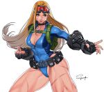  1girl alternate_hairstyle backpack bag bare_legs belt belt_pouch black_gloves blonde_hair blue_eyes blue_leotard breasts cammy_white cleavage clenched_hand english_commentary fighting_stance fingerless_gloves gloves goggles goggles_on_head highres large_breasts leotard long_hair long_sleeves loose_belt official_alternate_costume partially_unzipped plunging_neckline pouch red-tinted_eyewear scar scar_on_cheek scar_on_face scar_on_leg solo street_fighter street_fighter_v superbull164164 thick_thighs thighs throat_microphone tinted_eyewear vambraces 