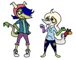  ambiguous_gender anthro blonde_hair blue_eyes blue_hair clothed clothing dinosaur duo female freckles green_body hair headgear headwear hoodie horn judee_(snootgame) long_hair multicolored_body puppet reptile scalie schizo_chan_(snoot_game) simple_background snoot_game_(fan_game) topwear two_tone_body unknown_artist video_games white_background white_body yellow_sclera 