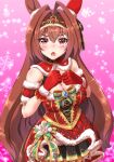  1girl alternate_costume alternate_hairstyle blush breasts brown_hair cleavage commentary_request daiwa_scarlet_(umamusume) fang gloves highres large_breasts long_hair looking_at_viewer musan_(mu34mi) pink_background red_eyes santa_costume simple_background snowflakes solo tiara umamusume 