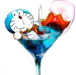  2018 anthro bell beverage blue_body blue_fur clothed clothing collar domestic_cat doraemon doraemon_(character) felid feline felis front_view fur glass liquid looking_at_viewer machine male mammal melee_weapon mouth_closed mt_tg pirate_hat pouch_(anatomy) red_collar red_nose robot shaded simple_background sitting solo sword weapon whiskers white_background white_body white_fur 