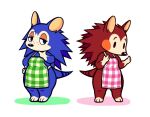  2021 animal_crossing anthro apron apron_only blue_body body_swap brown_body clothing dot_eyes duo eulipotyphlan female guywiththepie hedgehog lidded_eyes looking_at_another mammal mostly_nude nintendo sable_able sibling simple_background sister sisters video_games white_background 