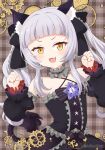  1girl :3 :d animal_ear_fluff animal_ears bare_shoulders black_bow black_dress black_sleeves bow brown_bow cat_ears cat_girl cat_tail center_frills commentary_request detached_sleeves dress fang frilled_dress frills gears grey_hair hair_bow hands_up highres hololive long_hair long_sleeves looking_at_viewer mitya murasaki_shion orange_eyes plaid plaid_background puffy_long_sleeves puffy_sleeves sleeves_past_wrists smile solo tail twintails twitter_username very_long_hair virtual_youtuber 