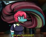  anthro blue_body blue_eyes brachiosaurid brachiosaurus clothed clothing dialogue dinosaur english_text female hair humor i_wani_hug_that_gator liz_(iwhtg) long_neck long_snout looking_at_viewer meme multicolored_body reaction_image red_hair reptile sauropod scalie seven_(artist) snout solo talking_to_viewer text two_tone_body video_games 