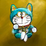  1:1 2017 anthro bell blue_body blue_fur collar domestic_cat doraemon doraemon_(character) eyewear feet_together feet_together_knees_apart felid feline felis fur glasses looking_at_viewer machine male mammal mouth_closed mt_tg pouch_(anatomy) red_collar red_nose robot shaded simple_background sitting solo whiskers white_body white_fur yellow_background 