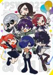  2girls 5boys amamiya_ren amano_maya animal armband arms_up balloon black_hair black_jacket blue_eyes blue_hair btmr_game cat chibi gekkoukan_high_school_uniform glasses grey_hair hair_over_one_eye heart highres holding holding_microphone jacket long_sleeves microphone morgana_(persona_5) multiple_boys multiple_girls narukami_yuu necktie one_eye_closed open_mouth pants persona persona_1 persona_2 persona_3 persona_3_portable persona_4 persona_5 plaid plaid_pants ponytail purple_eyes purple_hair red_eyes red_hair school_uniform shiomi_kotone signature smile sparkle star_(symbol) sunglasses suou_tatsuya sweat toudou_naoya yuuki_makoto 