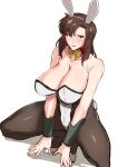  1girl animal_ears blush bow bowtie breasts brown_eyes brown_hair detached_collar gundam gundam_seed huge_breasts long_hair miga_(migao) murrue_ramius pantyhose playboy_bunny rabbit_ears rabbit_tail sagging_breasts sketch squatting tail white_background 