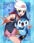  1girl beanie blue_hair boots dawn_(pokemon) dress hat kotobukkii_(yt_lvlv) long_hair looking_at_viewer open_mouth pink_footwear piplup pokemon pokemon_(anime) pokemon_(creature) pokemon_(game) pokemon_bdsp pokemon_dppt pokemon_dppt_(anime) skirt sleeveless smile solo 
