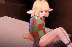  anotherpic anthro arms_tied bdsm blonde_hair bondage bound capreoline cervid clothing deltarune female freckles hair hi_res mammal noelle_holiday reindeer simple_background solo undertale_(series) video_games 