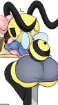  2022 annabee_(woebeeme) antennae_(anatomy) anthro arthropod arthropod_abdomen bee beverage big_breasts big_butt black_body black_eyes blue_bottomwear blue_clothing blue_jacket blue_skirt blue_topwear blush bottomwear breast_squish breasts butt clothing ellipsis emanata eyebrows female flash_emanata furniture hell&#039;s_kitchen hi_res hymenopteran insect insect_wings jacket looking_at_viewer looking_back mane no_pupils pink_clothing pink_shirt pink_topwear raised_eyebrow rear_view shirt signature sitting skirt solo squish stinger striped_abdomen striped_body stripes table topwear wings woebeeme yellow_body 