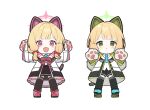  2girls :&lt; :3 animal_hands arms_up bangs black_footwear black_shorts black_skirt black_thighhighs blonde_hair blue_archive blue_necktie bow bowtie cat_ear_headphones cat_tail chibi coat commentary dot_nose frilled_coat full_body gloves green_eyes hair_bow halo hands_up headphones highres light_blush long_sleeves looking_at_viewer marimo_jh midori_(blue_archive) momoi_(blue_archive) multiple_girls necktie open_mouth oversized_clothes paw_gloves pink_eyes pink_footwear pleated_skirt red_bow red_bowtie serious shirt short_hair shorts siblings sisters skirt smile tail thighhighs v-shaped_eyebrows white_background white_coat white_shirt 