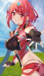  1girl bangs black_gloves breasts chest_jewel earrings fingerless_gloves gloves highres jewelry kyaro_(wanu_14) large_breasts pyra_(xenoblade) red_eyes red_hair red_shorts short_hair short_shorts shorts solo swept_bangs tiara xenoblade_chronicles_(series) xenoblade_chronicles_2 
