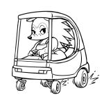  1:1 2022 animal_crossing anthro apron apron_only clothing driving female guywiththepie hi_res humor line_art looking_at_viewer monochrome mostly_nude nintendo sable_able simple_background solo toy_car video_games white_background 