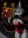  2022 anthro black_body black_fur blitzo_(helluva_boss) breasts canid canid_demon canine canis clothed clothing clothing_lift demon digital_drawing_(artwork) digital_media_(artwork) diskeit duo female fur gesture grey_hair hair hellhound helluva_boss hi_res humanoid imp leotard loona_(helluva_boss) male mammal multicolored_body multicolored_fur red_clothing shirt shirt_lift topwear v_sign white_body white_fur wolf 