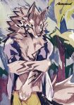  abstract_background anthro canid canine canis clothed clothing grabbing_arm green_eyes hi_res jackal lifewonders male mammal neck_tuft open_clothing open_shirt open_topwear petadodu seth_(tas) shirt solo swimming_trunks swimwear tokyo_afterschool_summoners topwear tuft video_games 